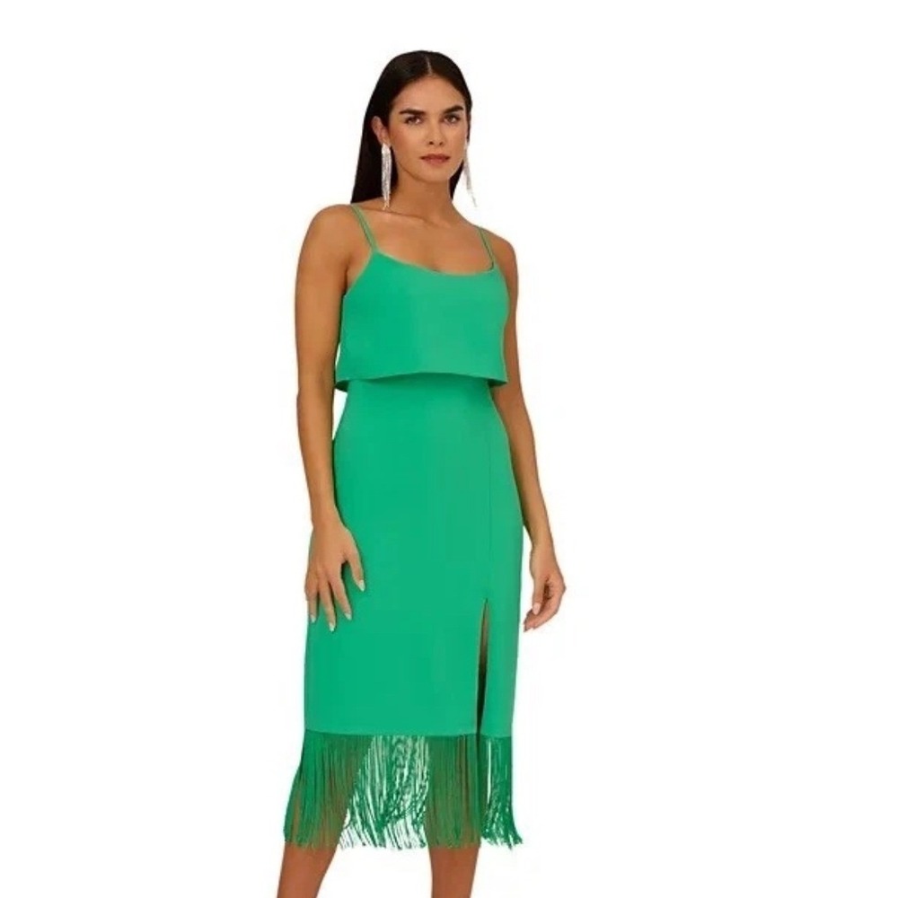 Adrianna Papell Emerald Green Fringe Hem Popover Midi Dress Spaghetti Strap Sz 8